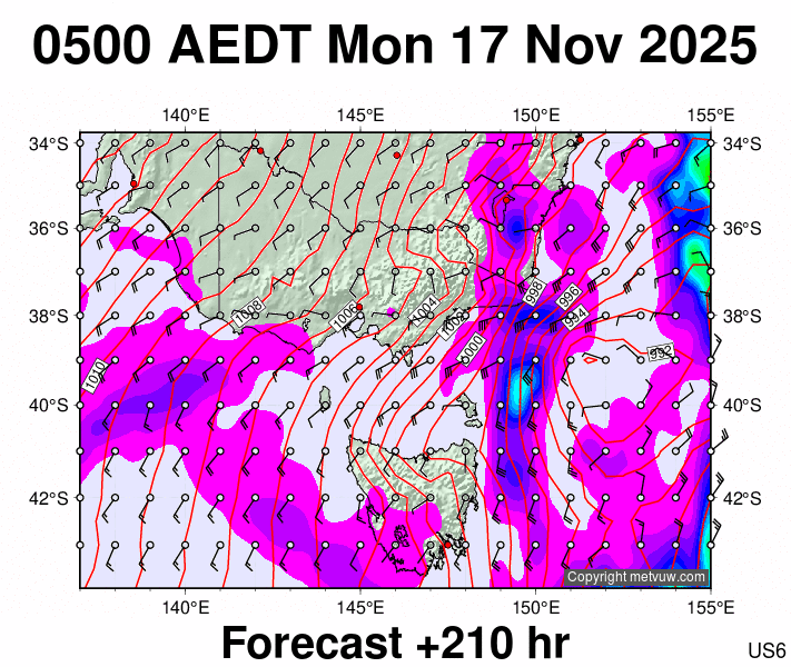Victoria & Tasmania forecast chart for Sunday, November 16th, 2025 at 6:00 PM