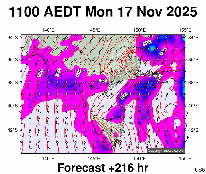 Victoria & Tasmania forecast chart for Monday, November 17th, 2025 at 12:00 AM