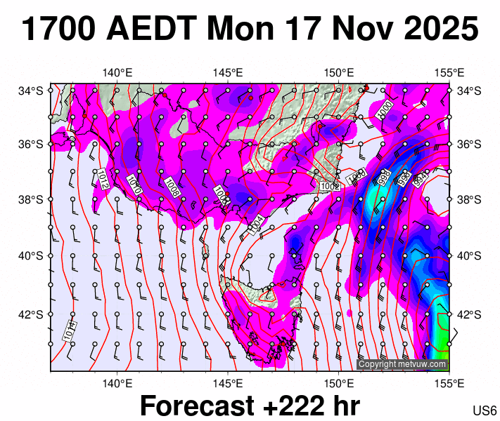 Victoria & Tasmania forecast chart for Monday, November 17th, 2025 at 6:00 AM