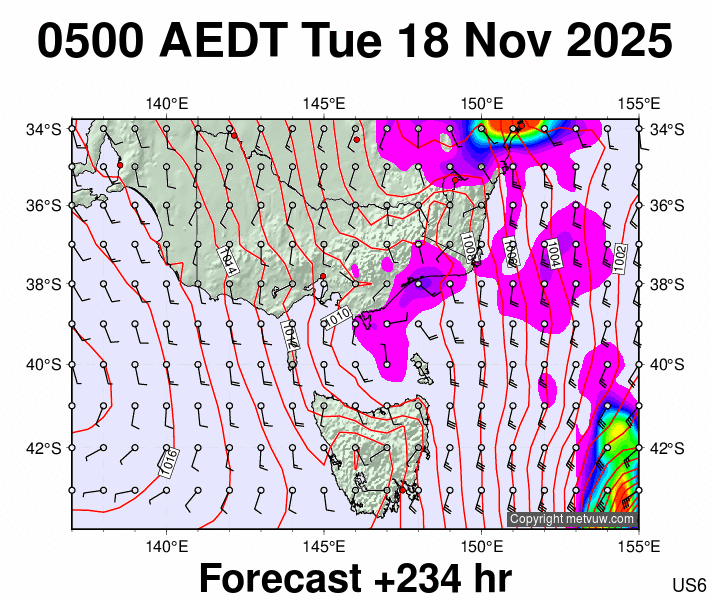 Victoria & Tasmania forecast chart for Monday, November 17th, 2025 at 6:00 PM
