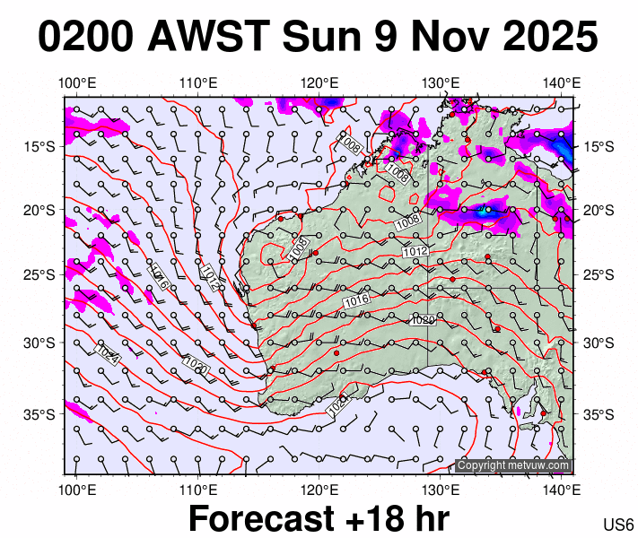 Western Australia forecast chart for Saturday, November 8th, 2025 at 6:00 PM