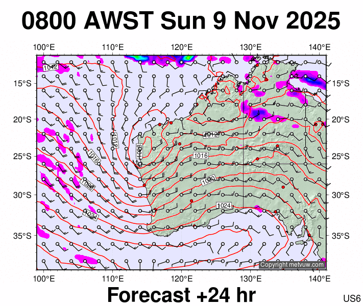 Western Australia forecast chart for Sunday, November 9th, 2025 at 12:00 AM