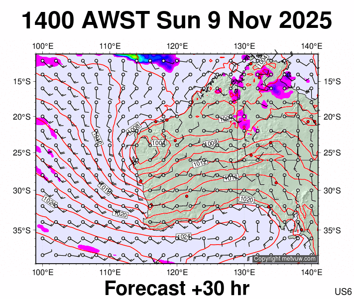 Western Australia forecast chart for Sunday, November 9th, 2025 at 6:00 AM