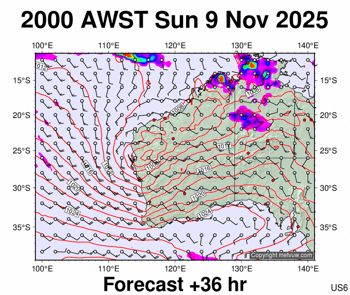 Western Australia forecast chart for Sunday, November 9th, 2025 at 12:00 PM