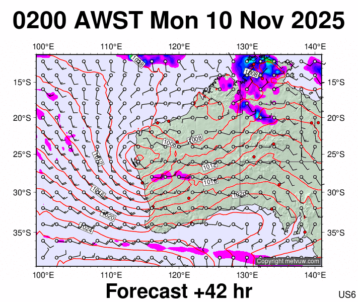 Western Australia forecast chart for Sunday, November 9th, 2025 at 6:00 PM