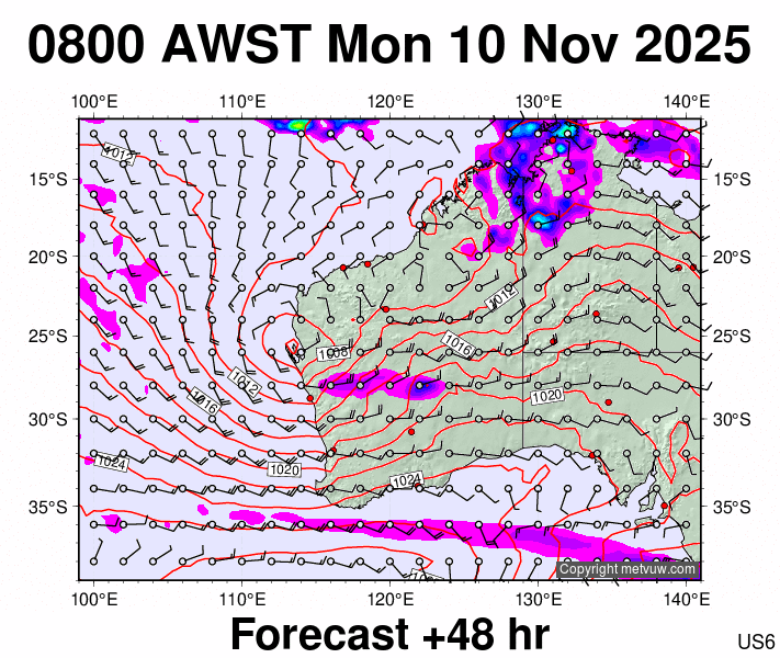 Western Australia forecast chart for Monday, November 10th, 2025 at 12:00 AM