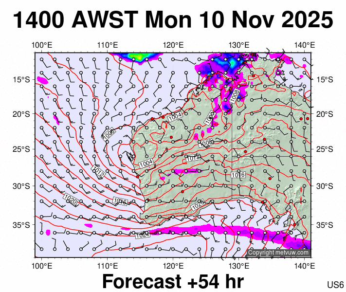 Western Australia forecast chart for Monday, November 10th, 2025 at 6:00 AM