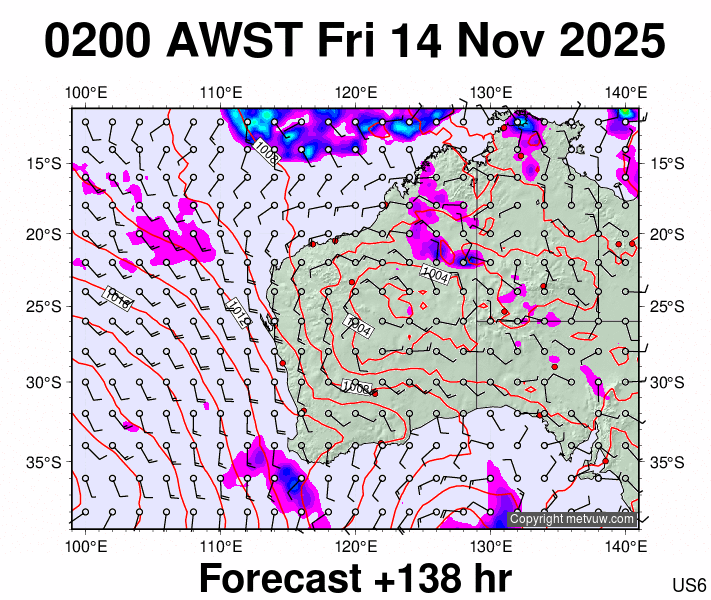 Western Australia forecast chart for Thursday, November 13th, 2025 at 6:00 PM