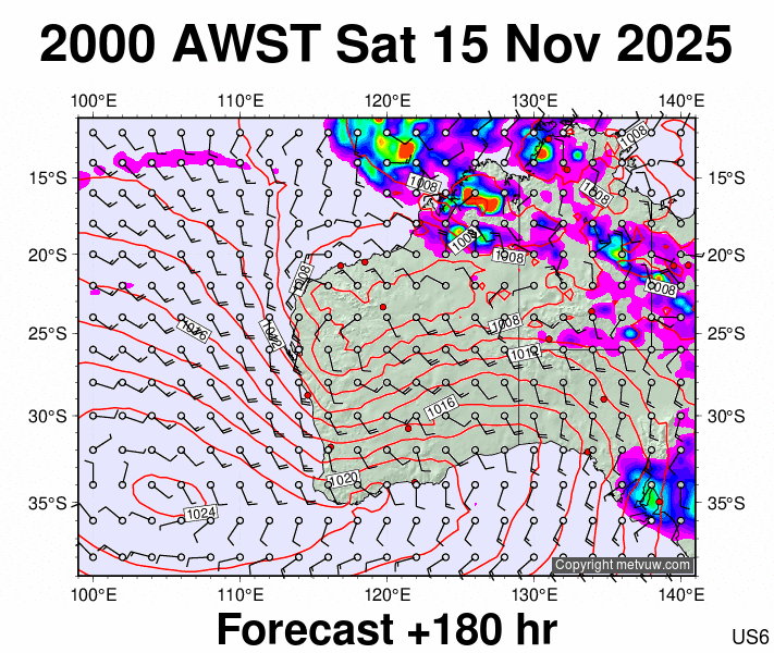 Western Australia forecast chart for Saturday, November 15th, 2025 at 12:00 PM
