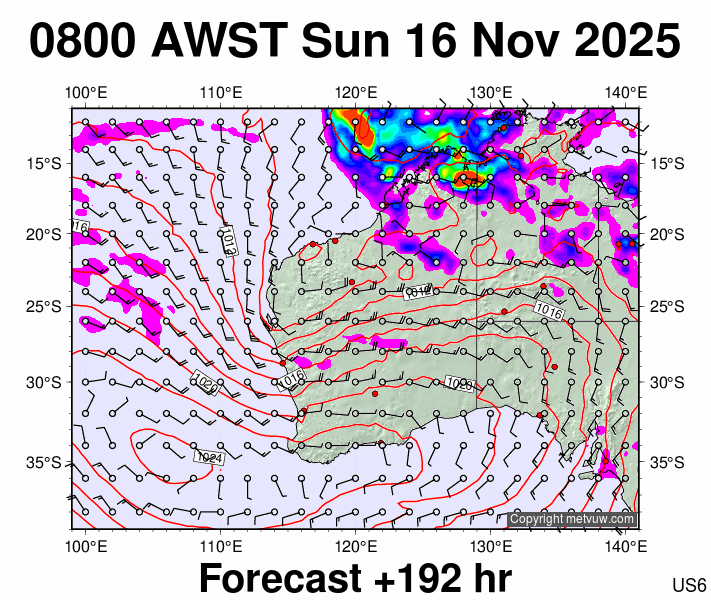Western Australia forecast chart for Sunday, November 16th, 2025 at 12:00 AM