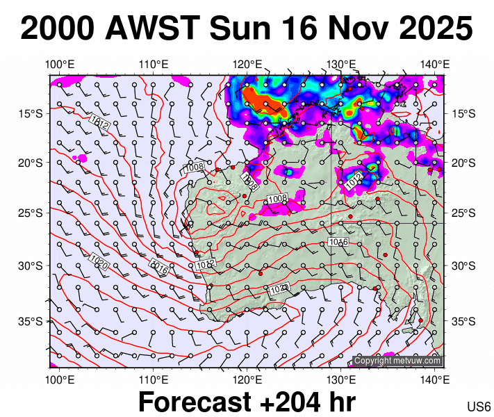 Western Australia forecast chart for Sunday, November 16th, 2025 at 12:00 PM