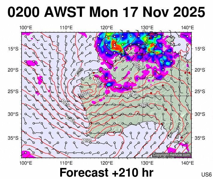 Western Australia forecast chart for Sunday, November 16th, 2025 at 6:00 PM