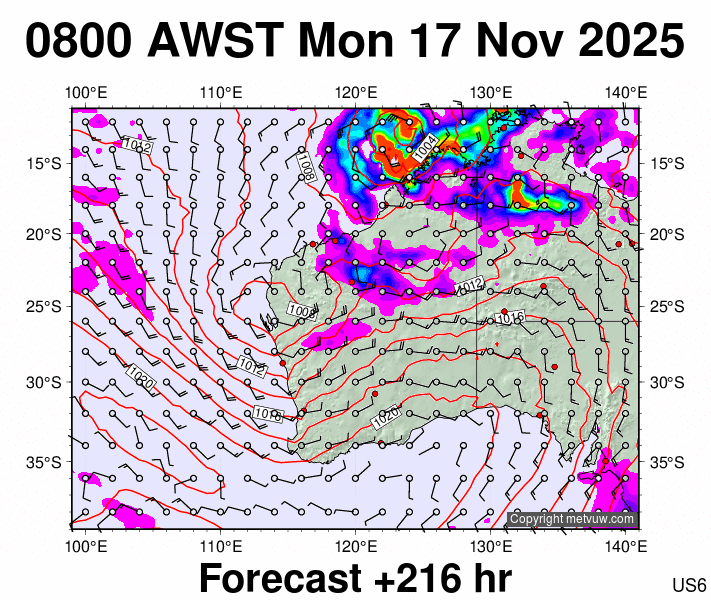 Western Australia forecast chart for Monday, November 17th, 2025 at 12:00 AM