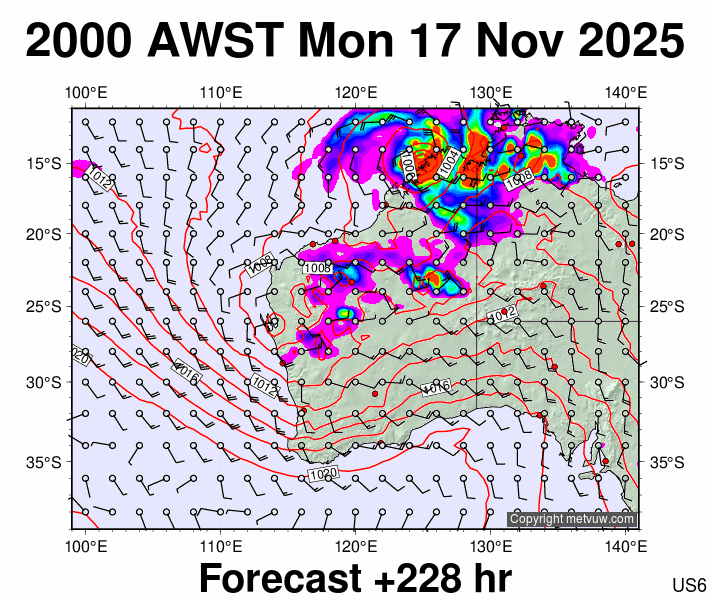 Western Australia forecast chart for Monday, November 17th, 2025 at 12:00 PM
