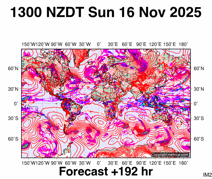 World forecast chart for Sunday, November 16th, 2025 at 12:00 AM