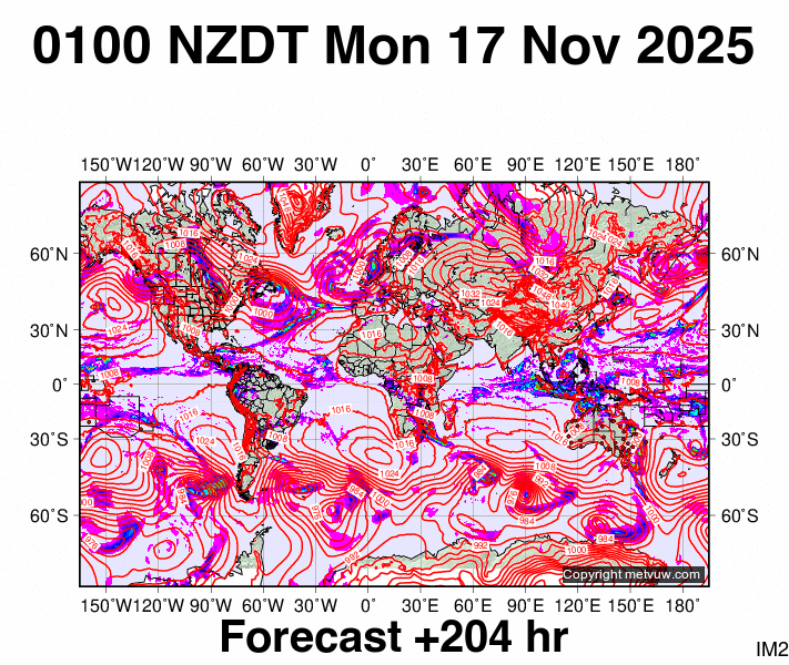 World forecast chart for Sunday, November 16th, 2025 at 12:00 PM